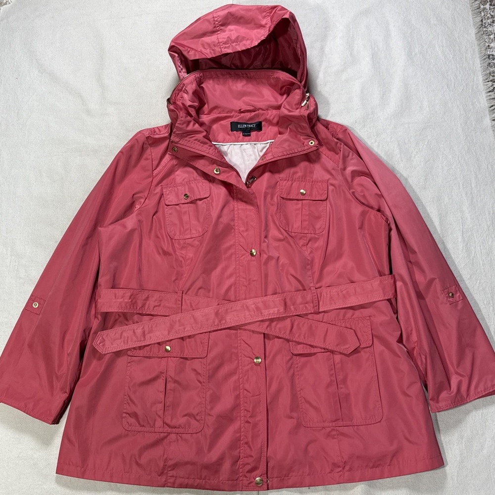 Ellen Tracy Coat Womens 3XL hooded Belted Lined Rain Jacket. Pink
